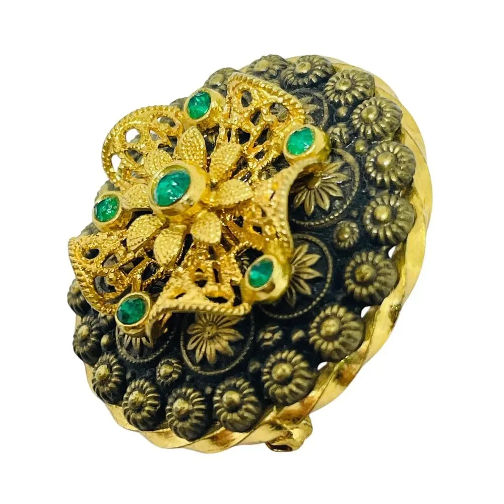 Vintage CZECHO signed gold plated emerald rhinestones brooch